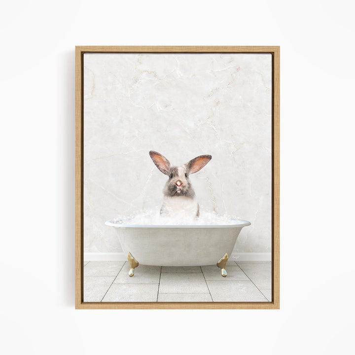 A white rabbit sitting in a white bathtub filled with water, with its head above the water level.