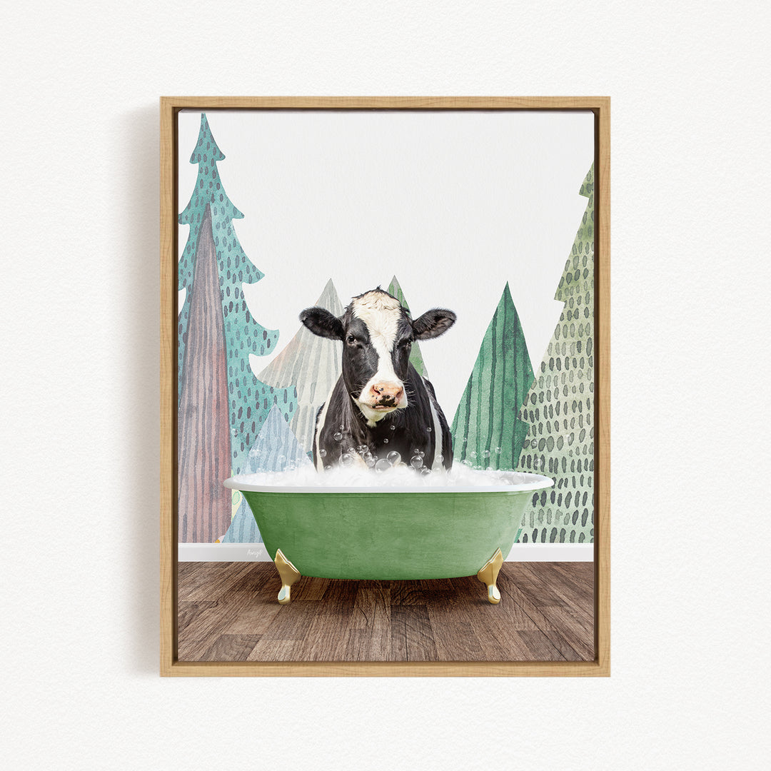 A black and white cow is sitting in a green bathtub filled with water, surrounded by stylized trees in the background.