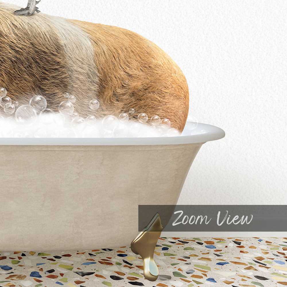A dog is sitting in a bathtub filled with bubbles, enjoying a relaxing bath.