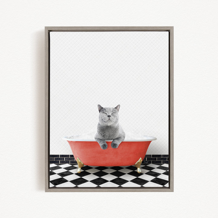 A gray cat sitting in a red bathtub filled with bubbles, with a black and white checkered floor in the background.