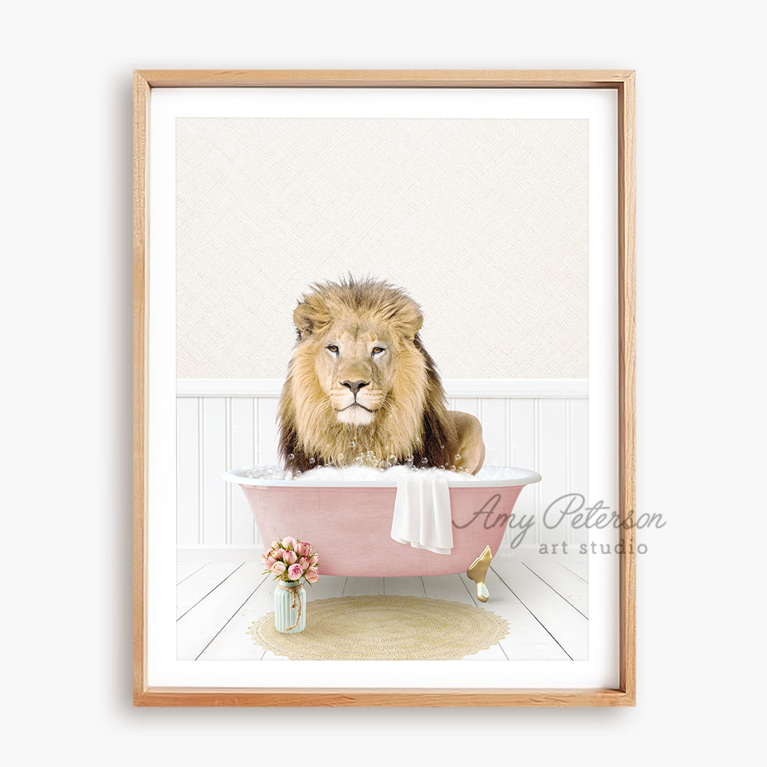 a picture of a lion sitting in a bathtub