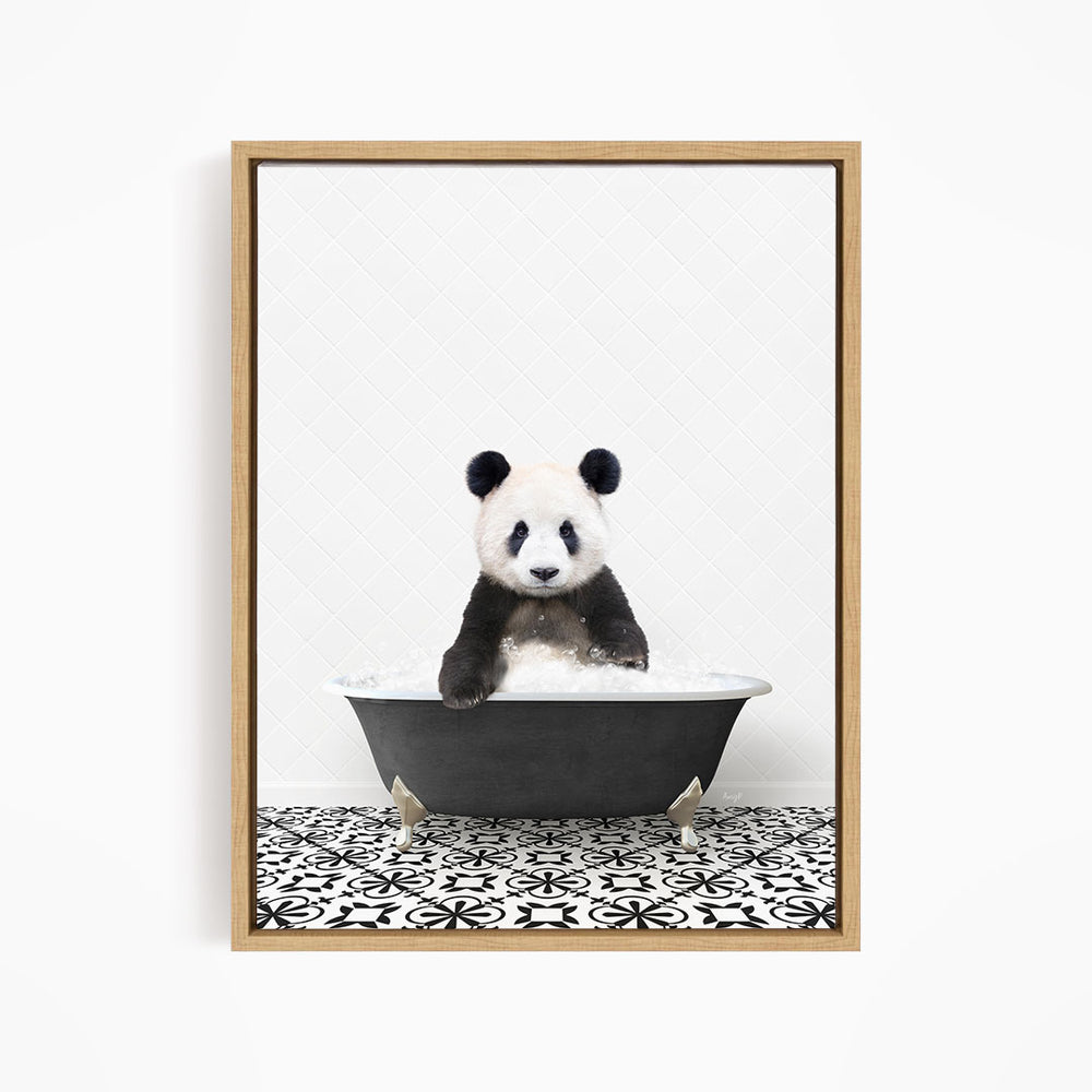 A panda bear sitting in a bathtub filled with water, surrounded by a black and white patterned floor.