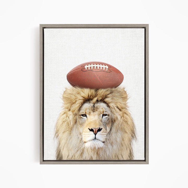 A lion with a football on its head, looking directly at the camera.