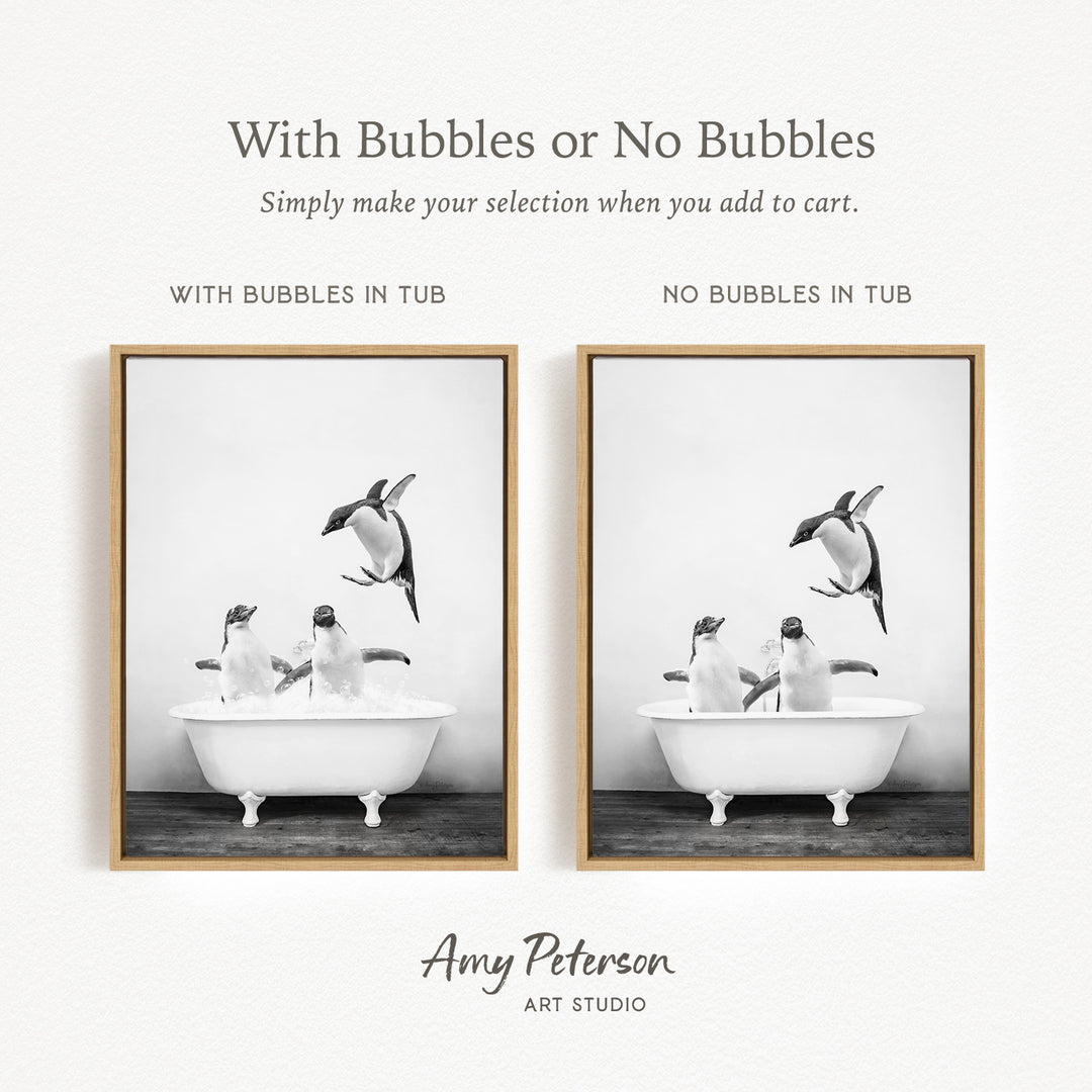 The image is a black and white photograph of penguins in a bathtub, with one penguin jumping out of the tub and another penguin sitting in the tub. The image is framed and labeled with text that provides information about the selection process for purchasing the artwork.