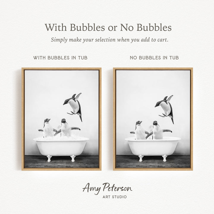 The image is a black and white photograph of penguins in a bathtub, with one penguin jumping out of the tub and another penguin sitting in the tub. The image is framed and labeled with text that provides information about the selection process for purchasing the artwork.