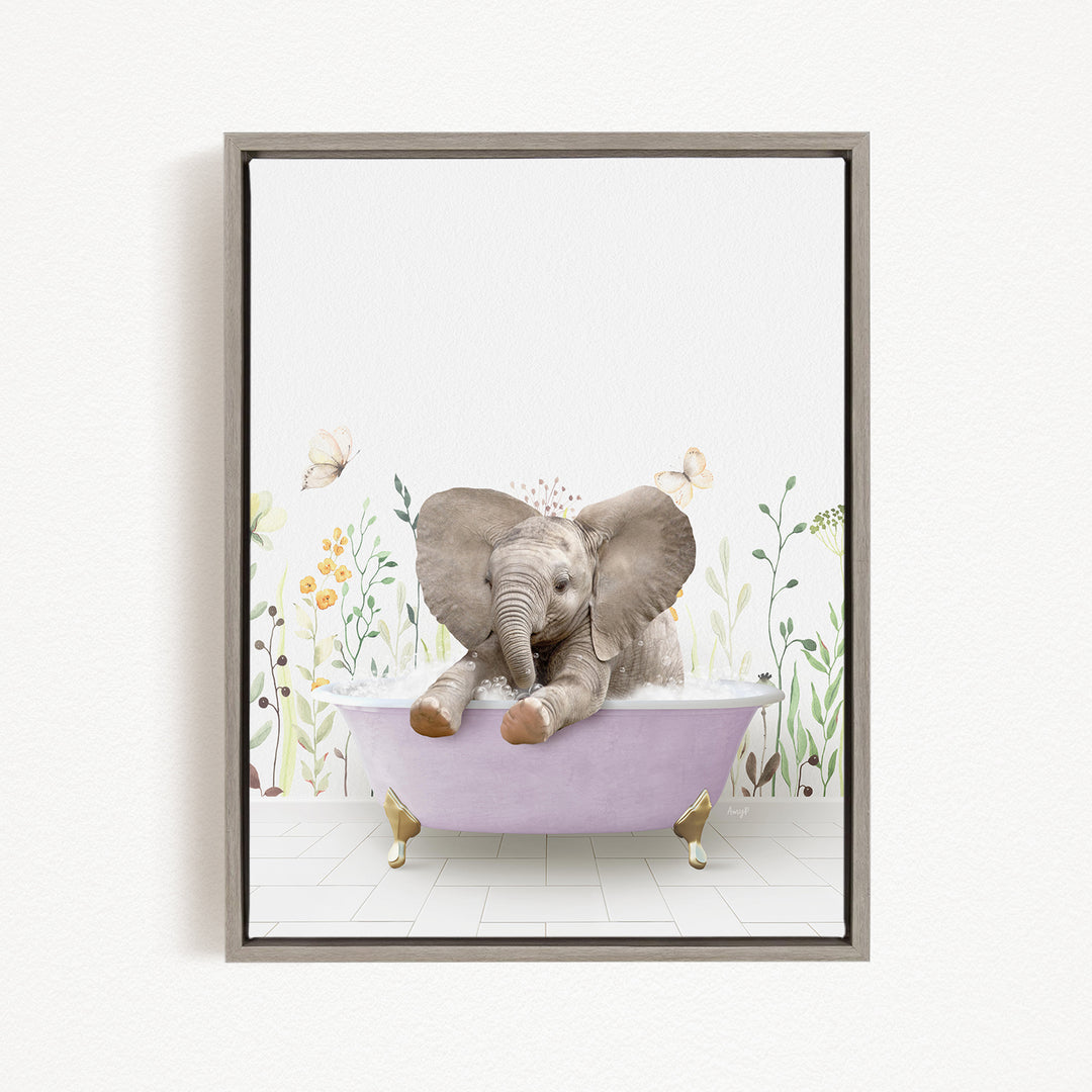 A baby elephant sitting in a bathtub filled with water, surrounded by flowers and butterflies.