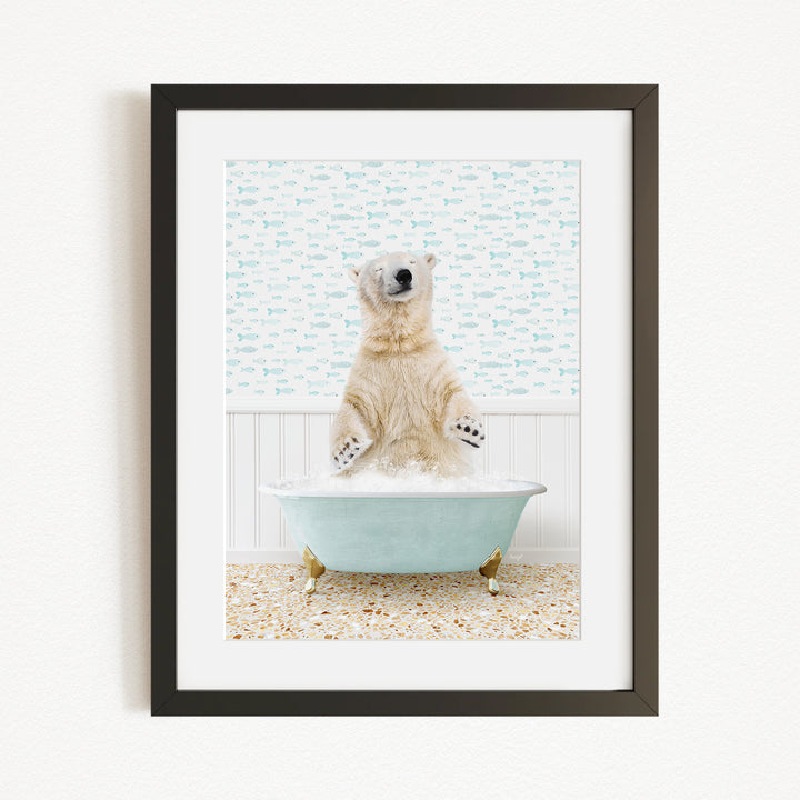 A polar bear sitting in a bathtub filled with water, surrounded by a patterned wall.