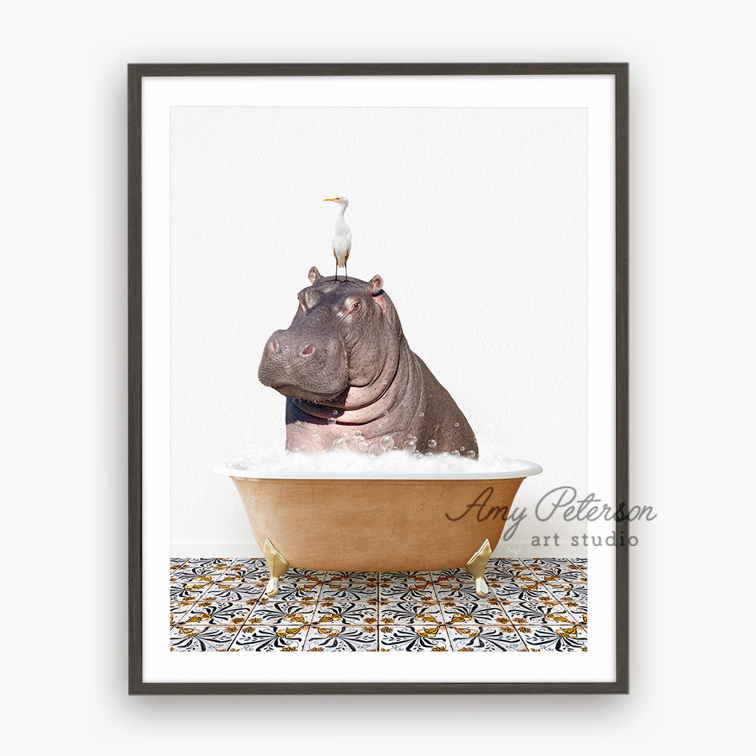 a hippo in a bathtub with a bird on top of it