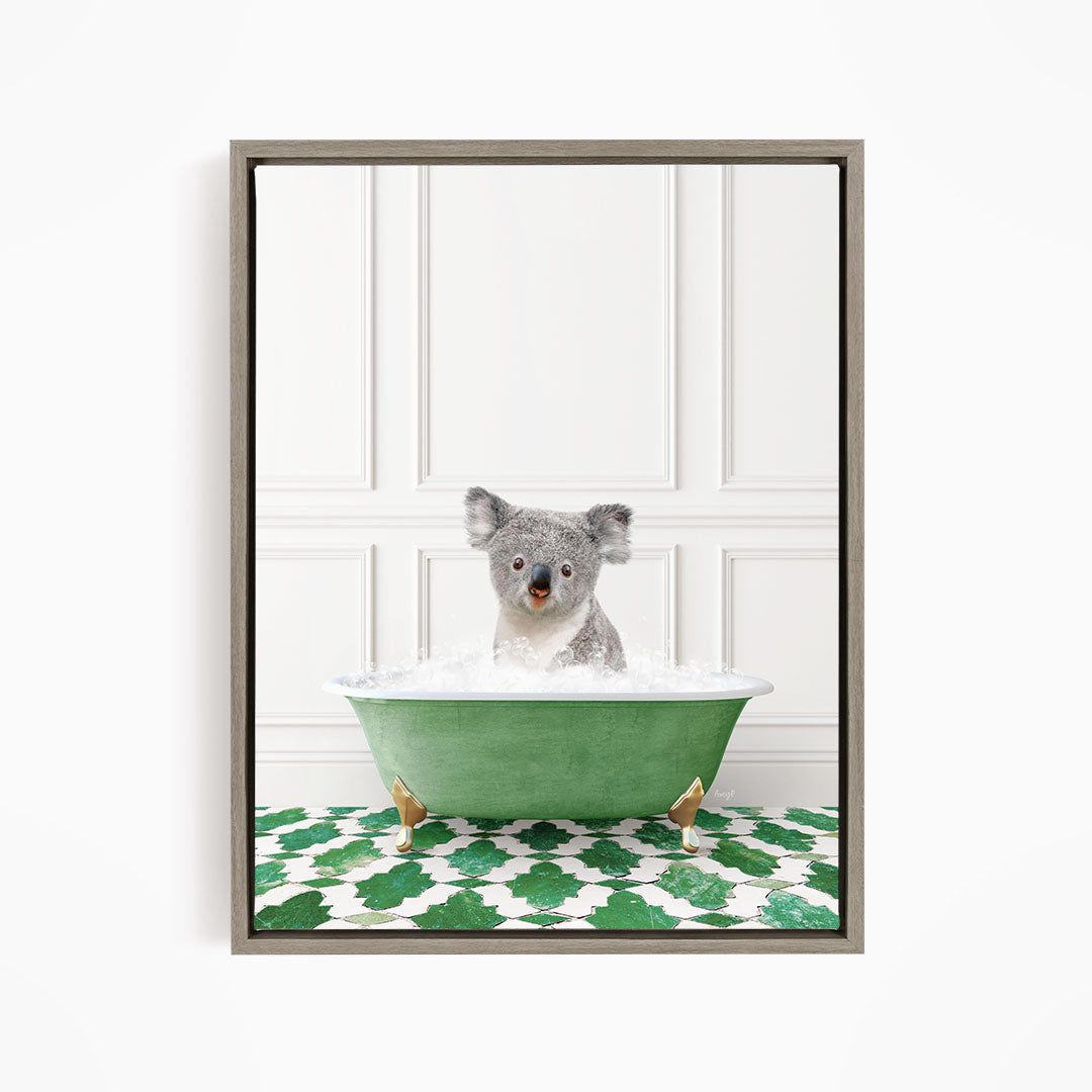 A koala bear sitting in a green bathtub filled with water, surrounded by a green and white patterned floor.