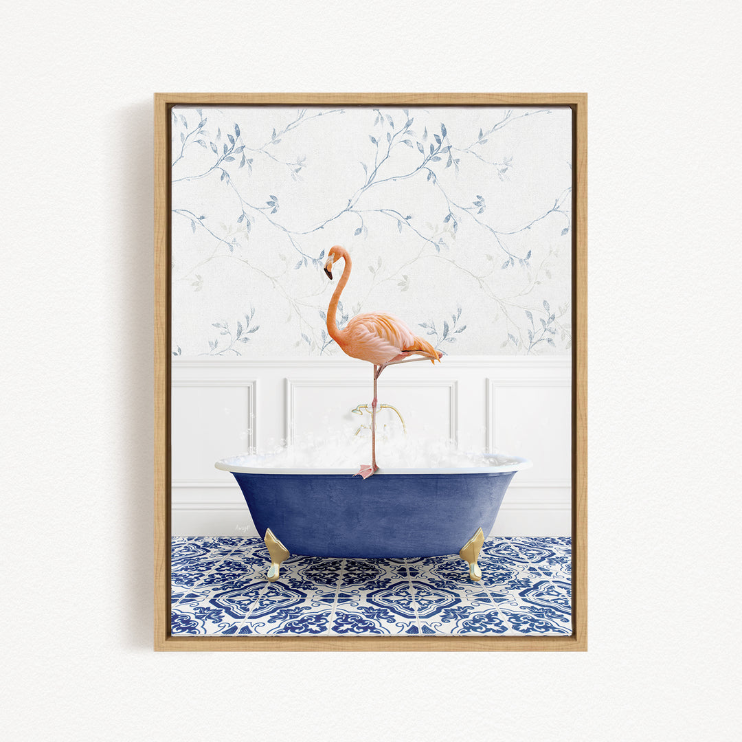 A pink flamingo standing on the edge of a blue bathtub filled with water, set against a white wall with a blue floral pattern.