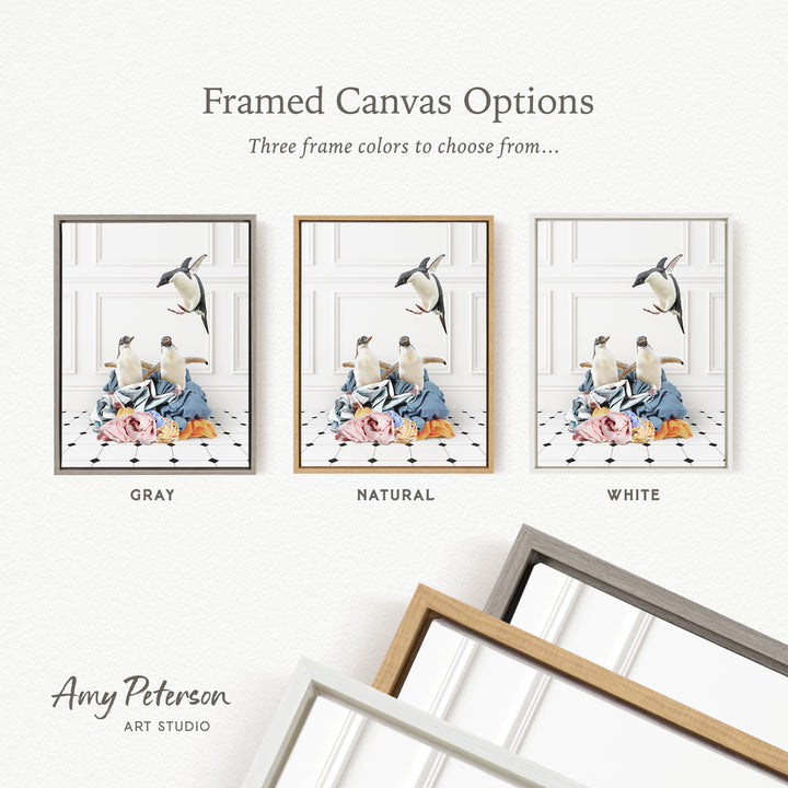 three framed canvas options, each with a different color: gray, natural, and white. The text above the images reads " Framed Canvas Options" and "Three frame colors to choose from...". The text below the images reads "Grays", "Naturals", and "Whites". The artist's name, Amy Peterson, is also mentioned at the bottom of the image.
