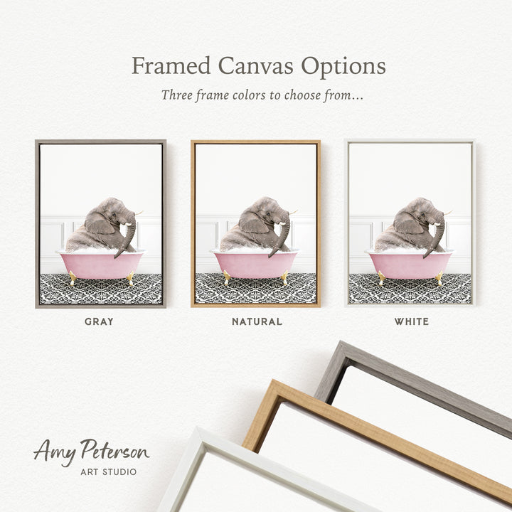 three framed canvas options, each featuring a gray elephant sitting in a pink bathtub. The options are labeled as "Grays," "Naturals," and "Whites," allowing the viewer to choose their preferred color for the frame.