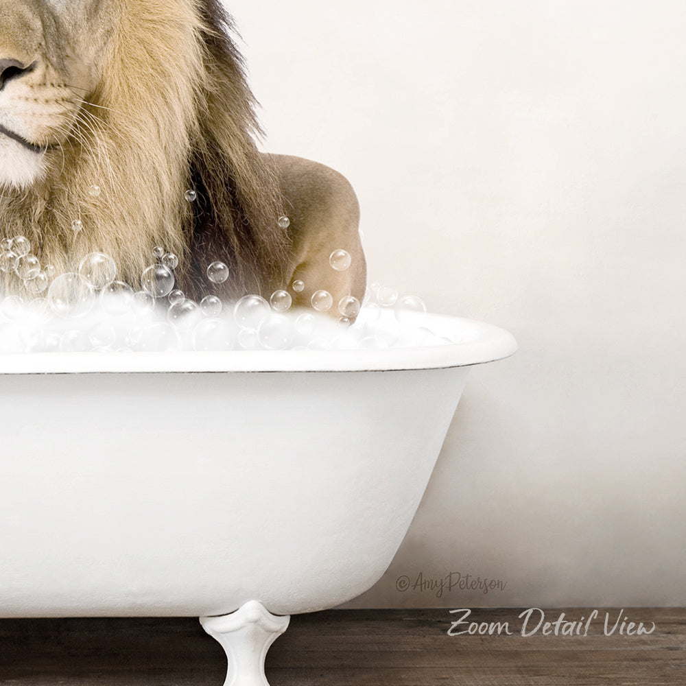 A lion is sitting in a white bathtub filled with bubbles, creating a whimsical and playful scene.