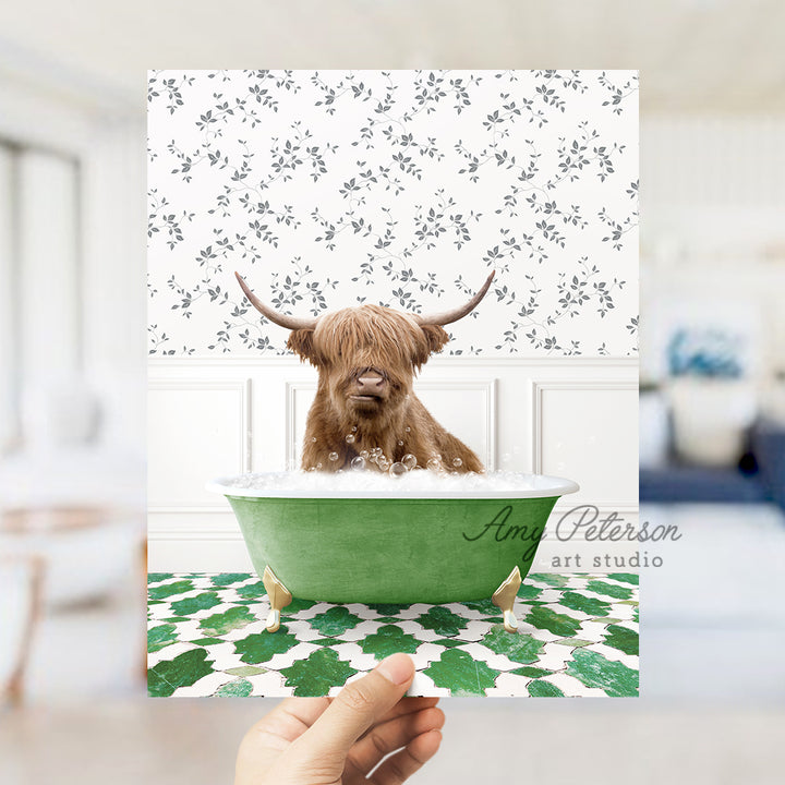 a person holding a card with a picture of a dog in a bathtub