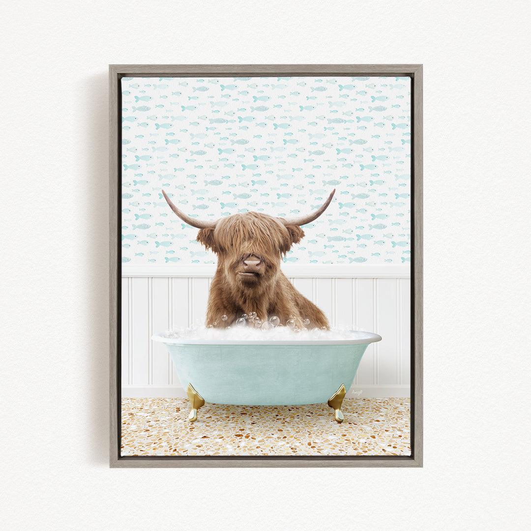 A Highland cow with long horns is sitting in a bathtub filled with bubbles, creating a whimsical and playful scene.