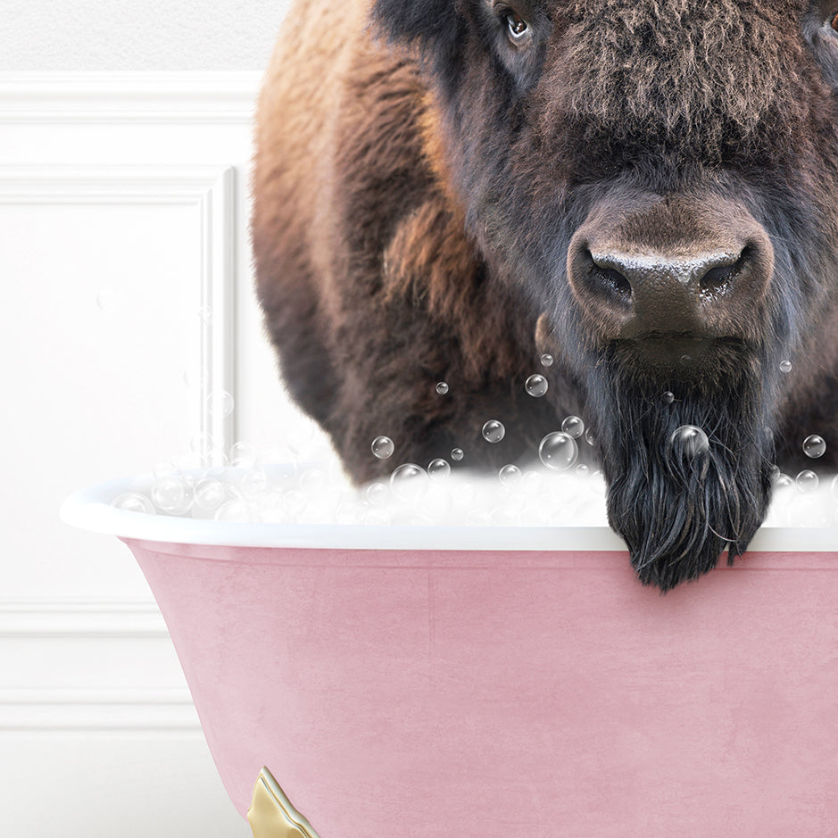 a large buffalo standing in a bath tub