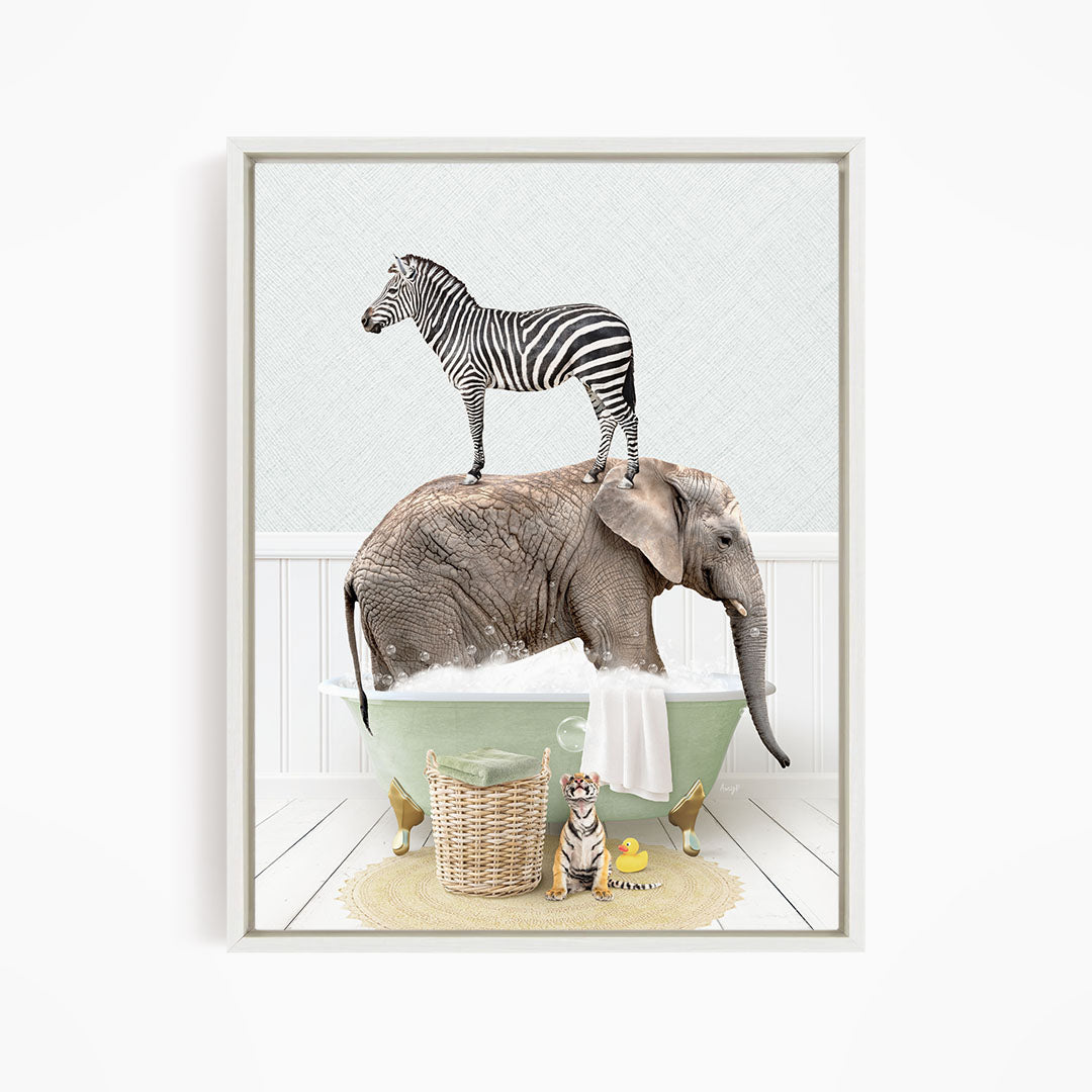 A zebra standing on the back of an elephant, both in a green bathtub, with a small tiger and a yellow rubber duck nearby.