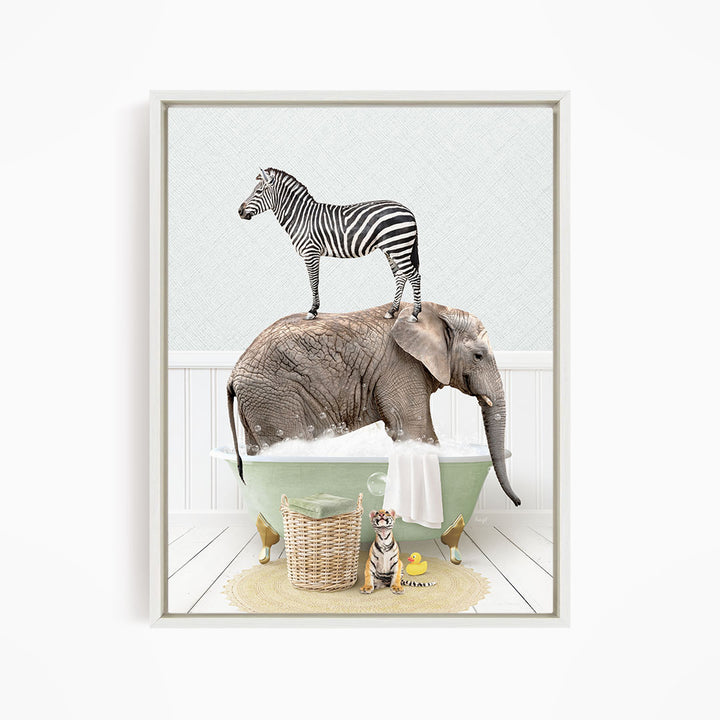 A zebra standing on the back of an elephant, both in a green bathtub, with a small tiger and a yellow rubber duck nearby.