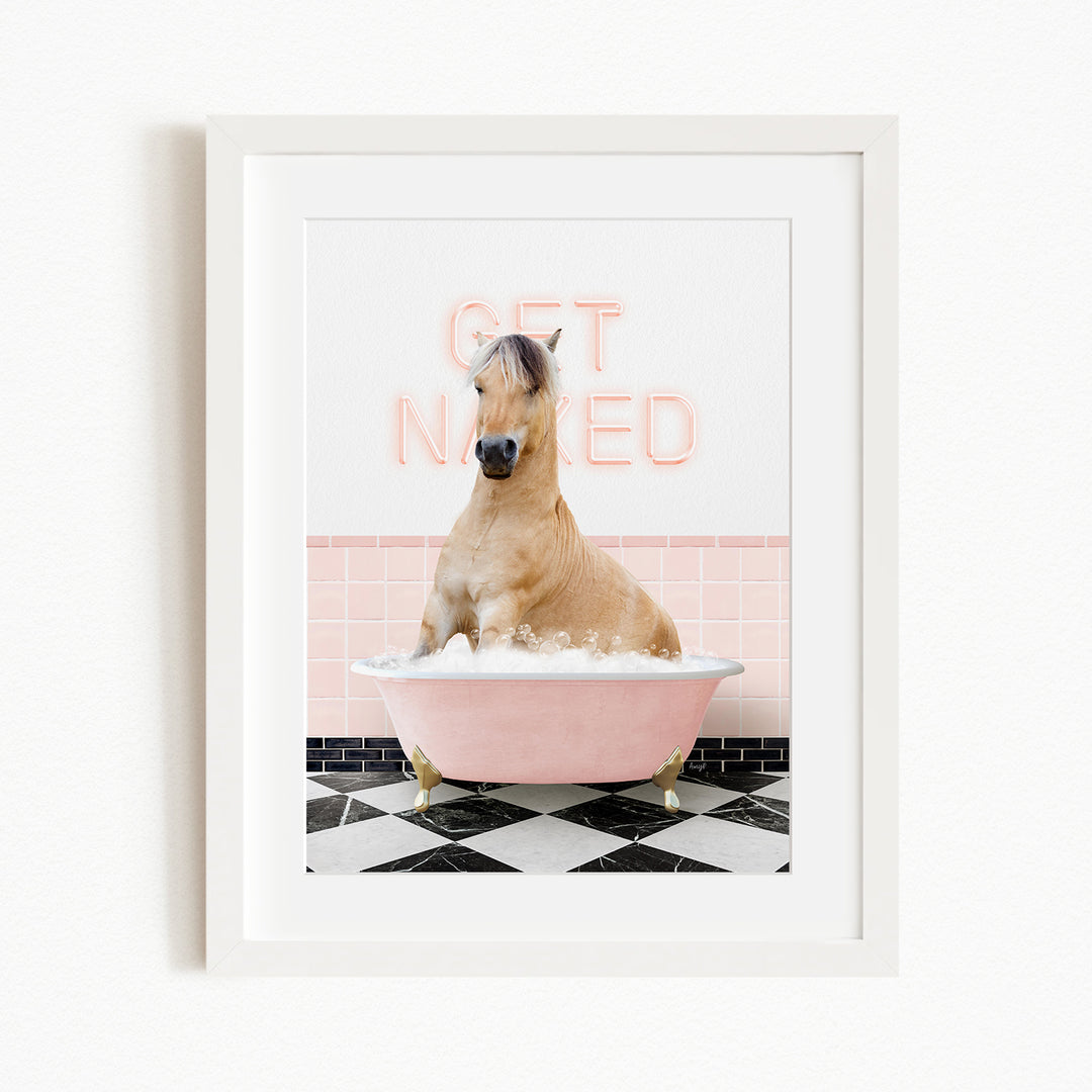 A light brown horse sitting in a pink bathtub, with the words "GET NICKED" written in pink neon letters above it.