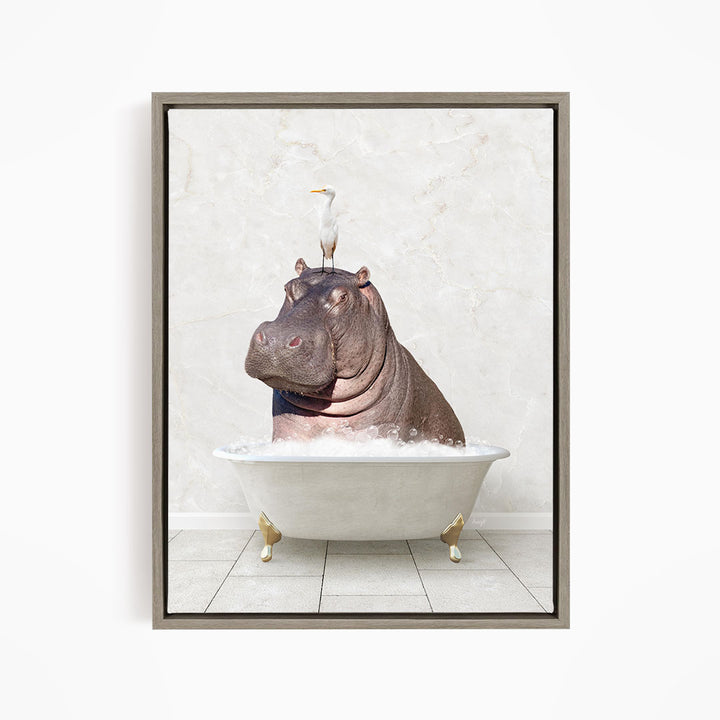A hippopotamus sitting in a bathtub, with a bird perched on its head.