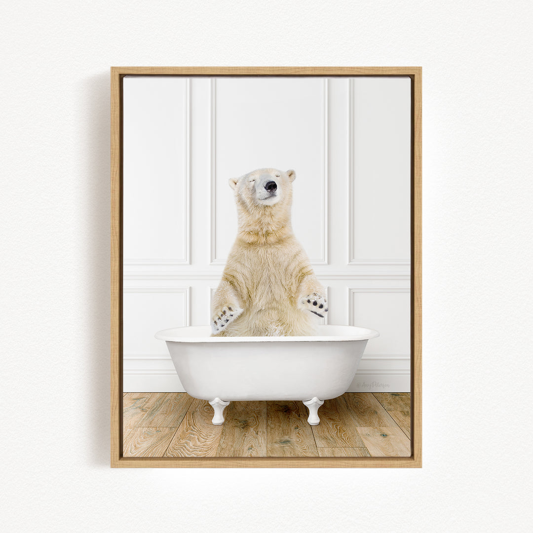 A polar bear standing in a white bathtub, with its paws hanging out of the tub.