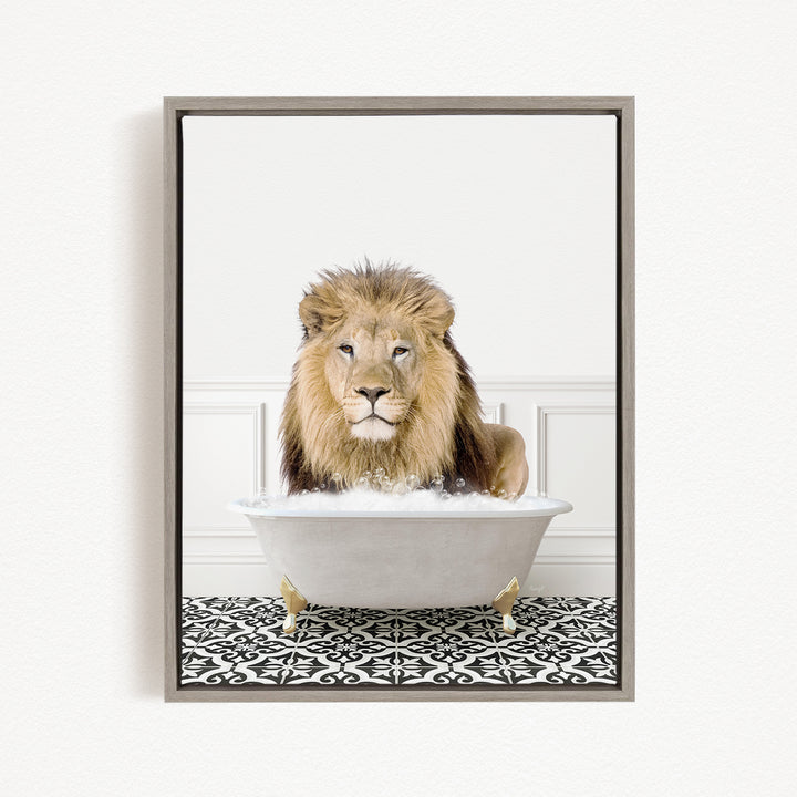 A lion sitting in a white bathtub filled with bubbles, creating a whimsical and amusing scene.