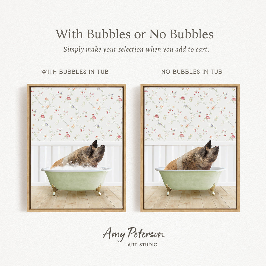 The image is a collage of two pictures, each featuring a pig sitting in a bathtub. The pig in the bathtub has bubbles, while the pig in the other bathtub does not have bubbles. The collage is titled "With Bubbles or No Bubbles" and is created by Amy Peterson from Art Studio.