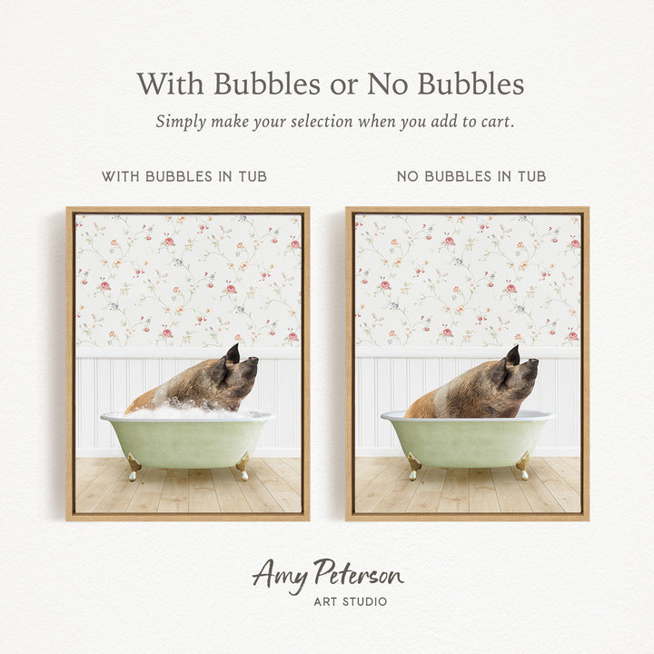 The image is a collage of two pictures, each featuring a pig sitting in a bathtub. The pig in the bathtub has bubbles, while the pig in the other bathtub does not have bubbles. The collage is titled "With Bubbles or No Bubbles" and is created by Amy Peterson from Art Studio.