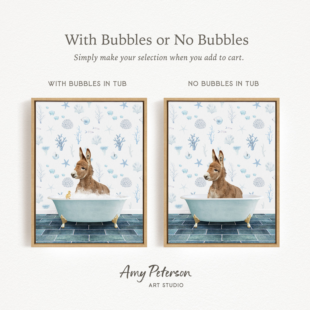 The image is a collage of two framed pictures depicting a donkey in a bathtub. The donkey is surrounded by bubbles, creating a playful and whimsical scene. The collage is titled "With Bubbles or No Bubbles" and is created by Amy Peterson from Art Studio.
