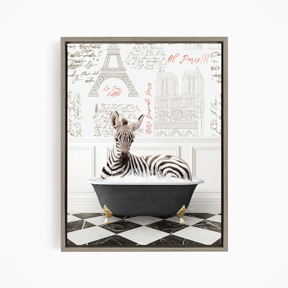 A zebra is sitting in a bathtub, surrounded by various Paris-themed elements such as the Eiffel Tower and the Notre-Dame Cathedral.