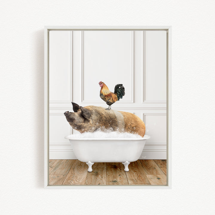 A rooster sits atop a pig in a white bathtub, creating a whimsical and humorous scene.
