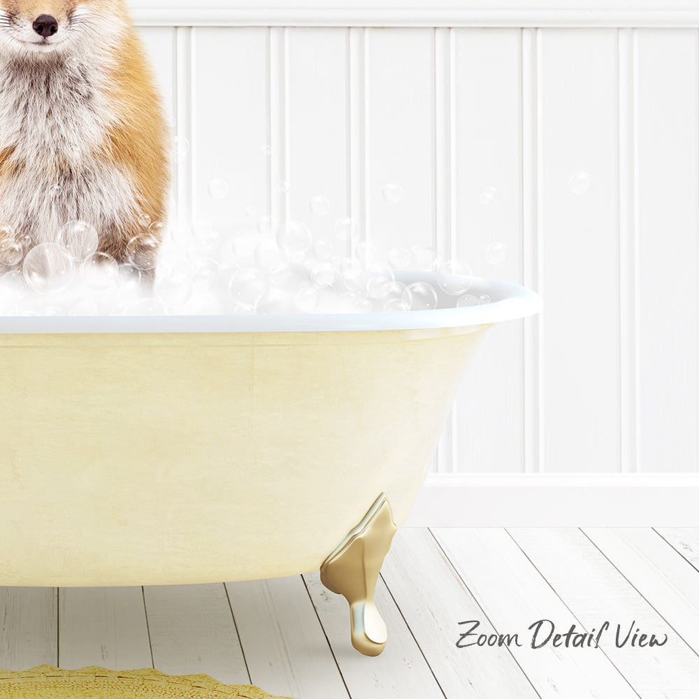 A dog standing in a bathtub filled with bubbles, with a white wall and wooden floor in the background.