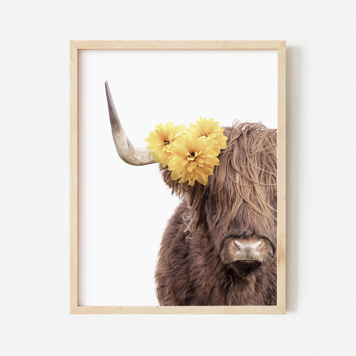 a picture of a cow with a flower in its hair