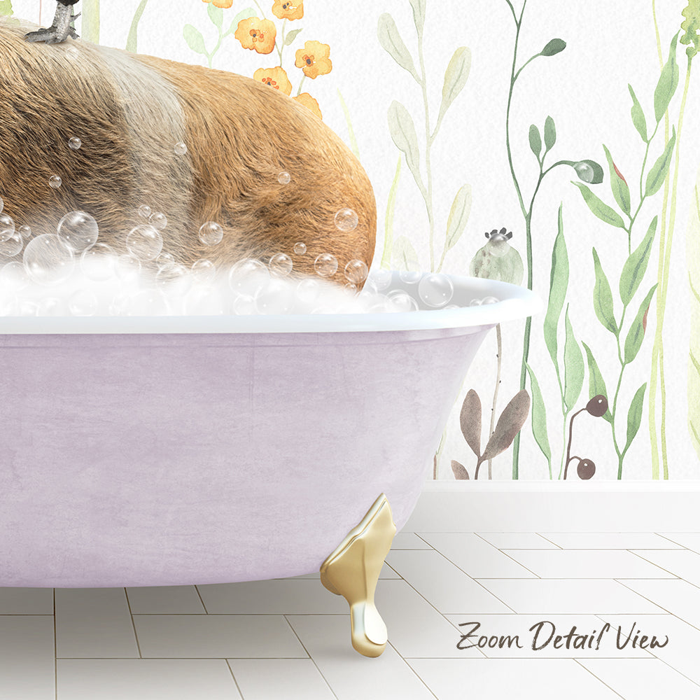 A dog is sitting in a bathtub filled with bubbles, surrounded by a floral wallpaper.