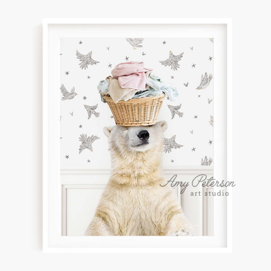 a polar bear with a basket on his head