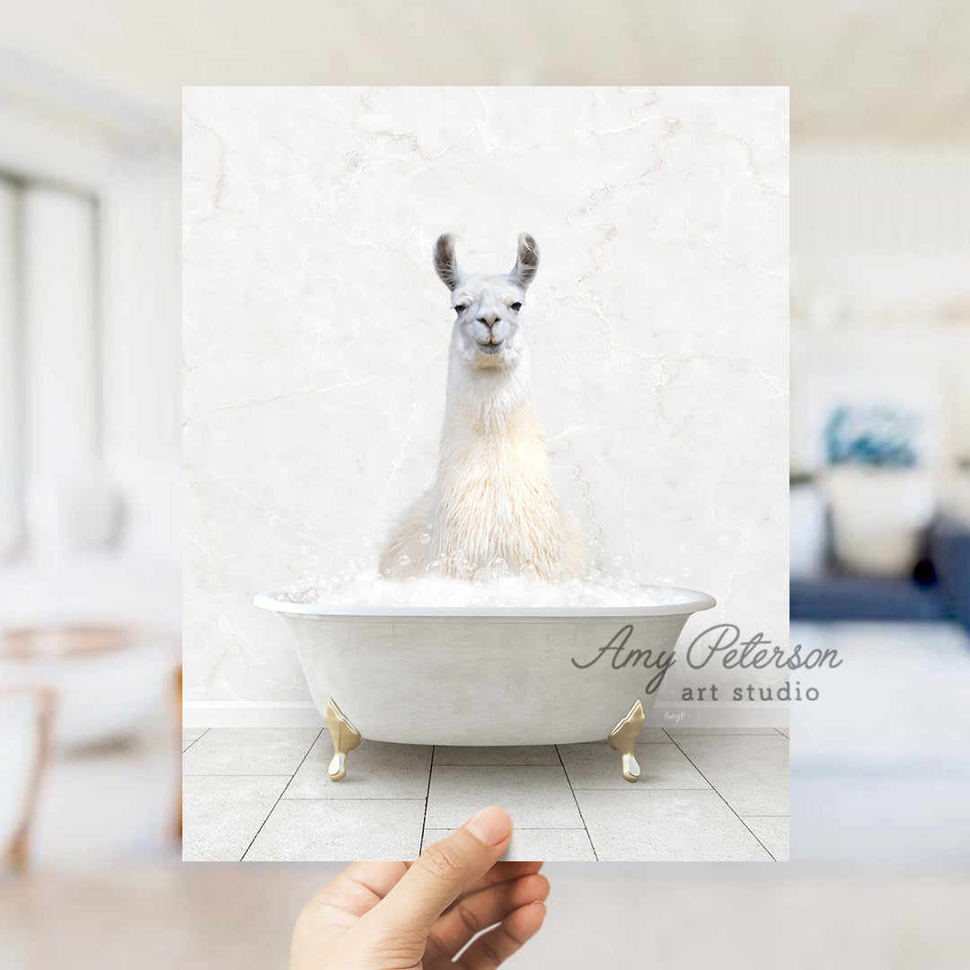 a llama in a bathtub with a hand holding it