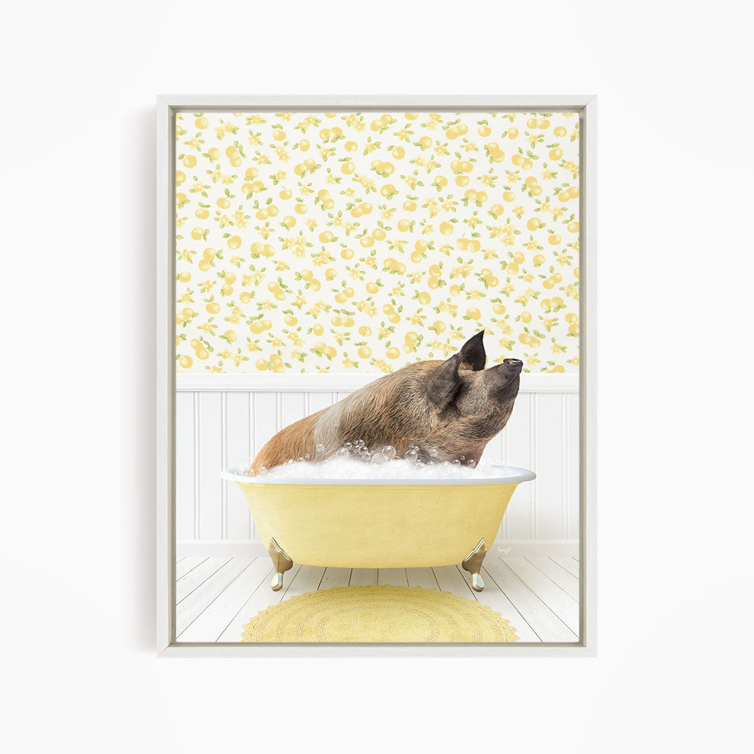 A brown dog is sitting in a yellow bathtub filled with bubbles, looking up at the camera.