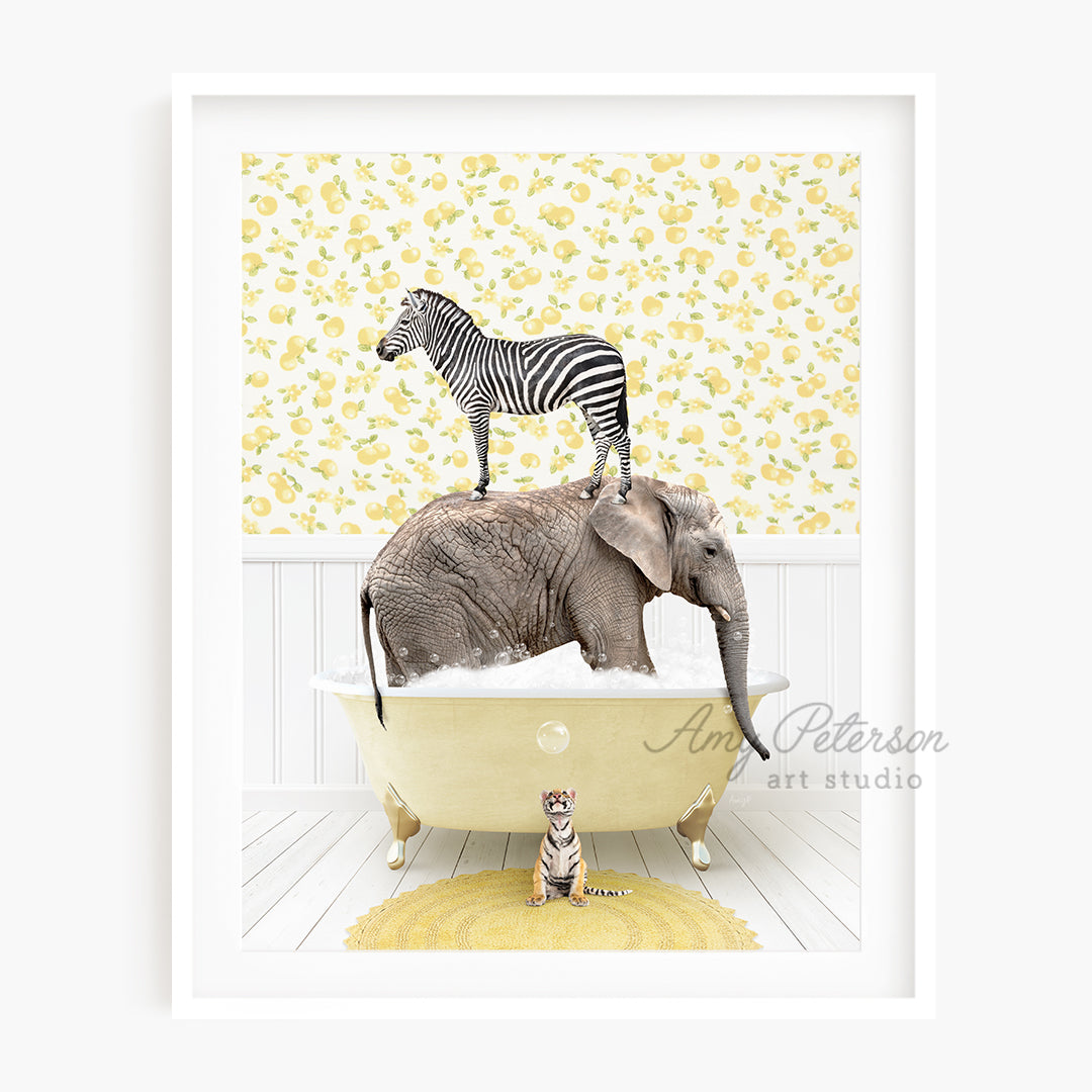 a zebra standing on top of an elephant in a bathtub