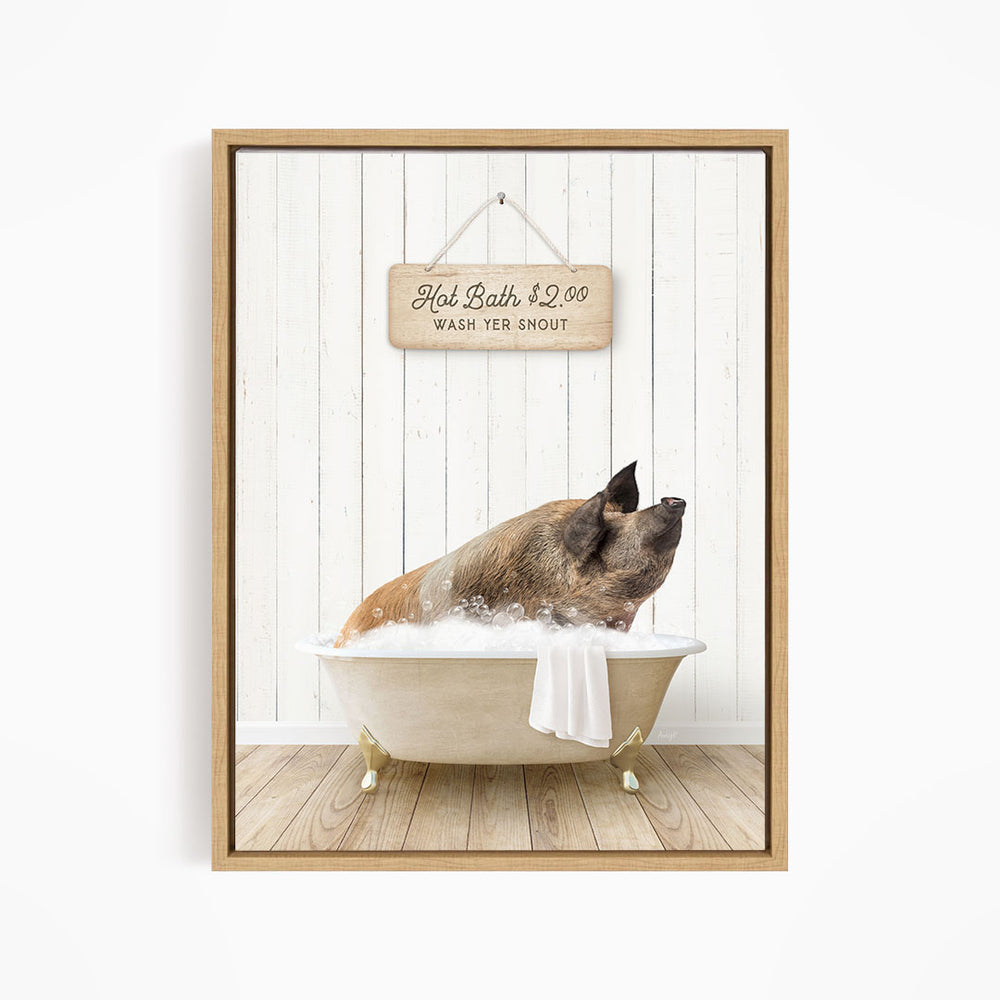 A pig sitting in a bathtub filled with water, with a wooden sign above it that reads "Hot Bath $2.00 WASH YER SNOUT".