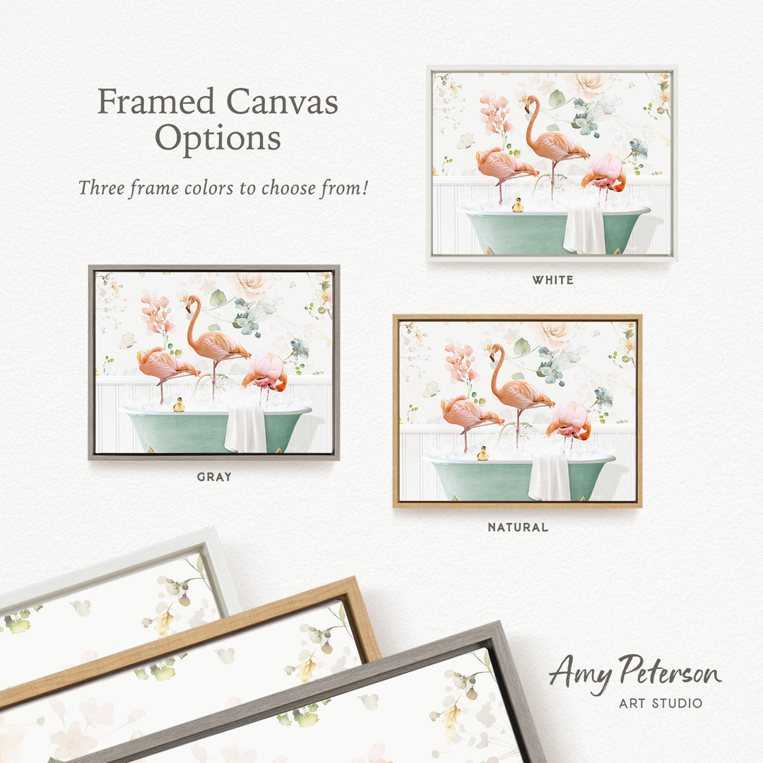 three framed canvas options featuring a pink flamingo in a bathtub, with three different frame colors to choose from: white, gray, and natural.