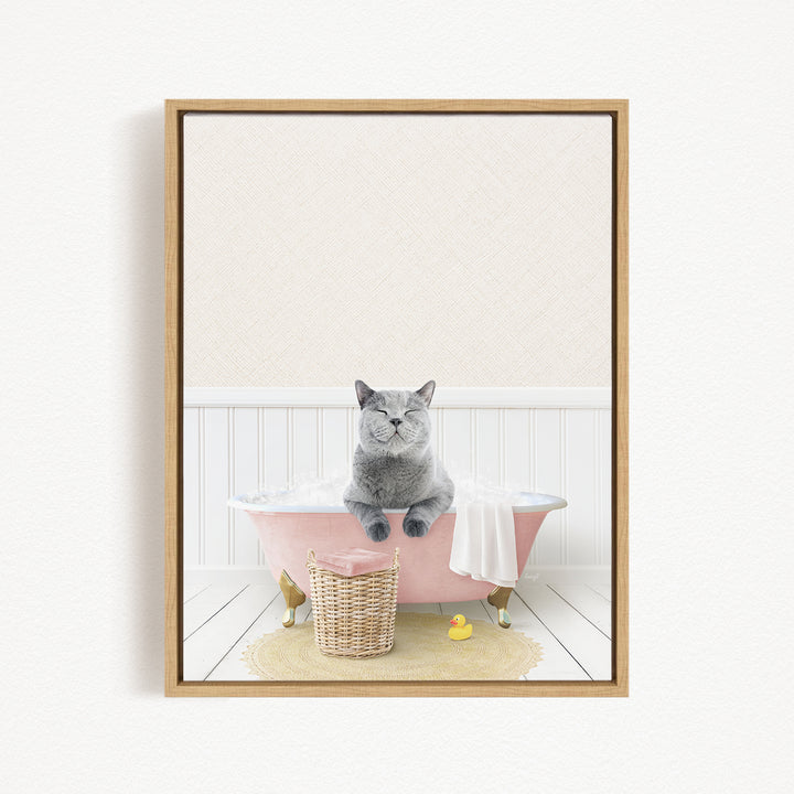 A gray cat sitting in a pink bathtub filled with bubbles, surrounded by a yellow rubber duck and a wicker basket.