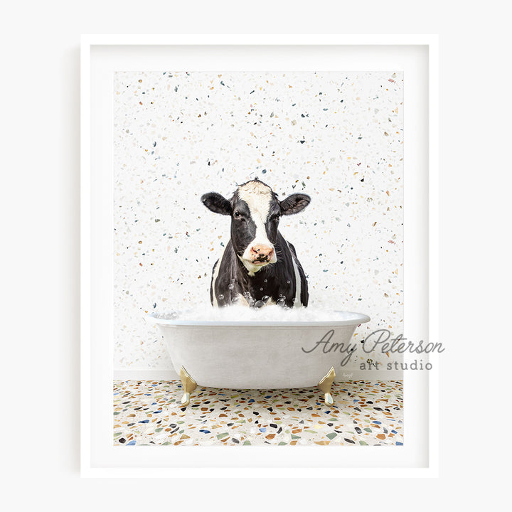 a black and white cow sitting in a bathtub