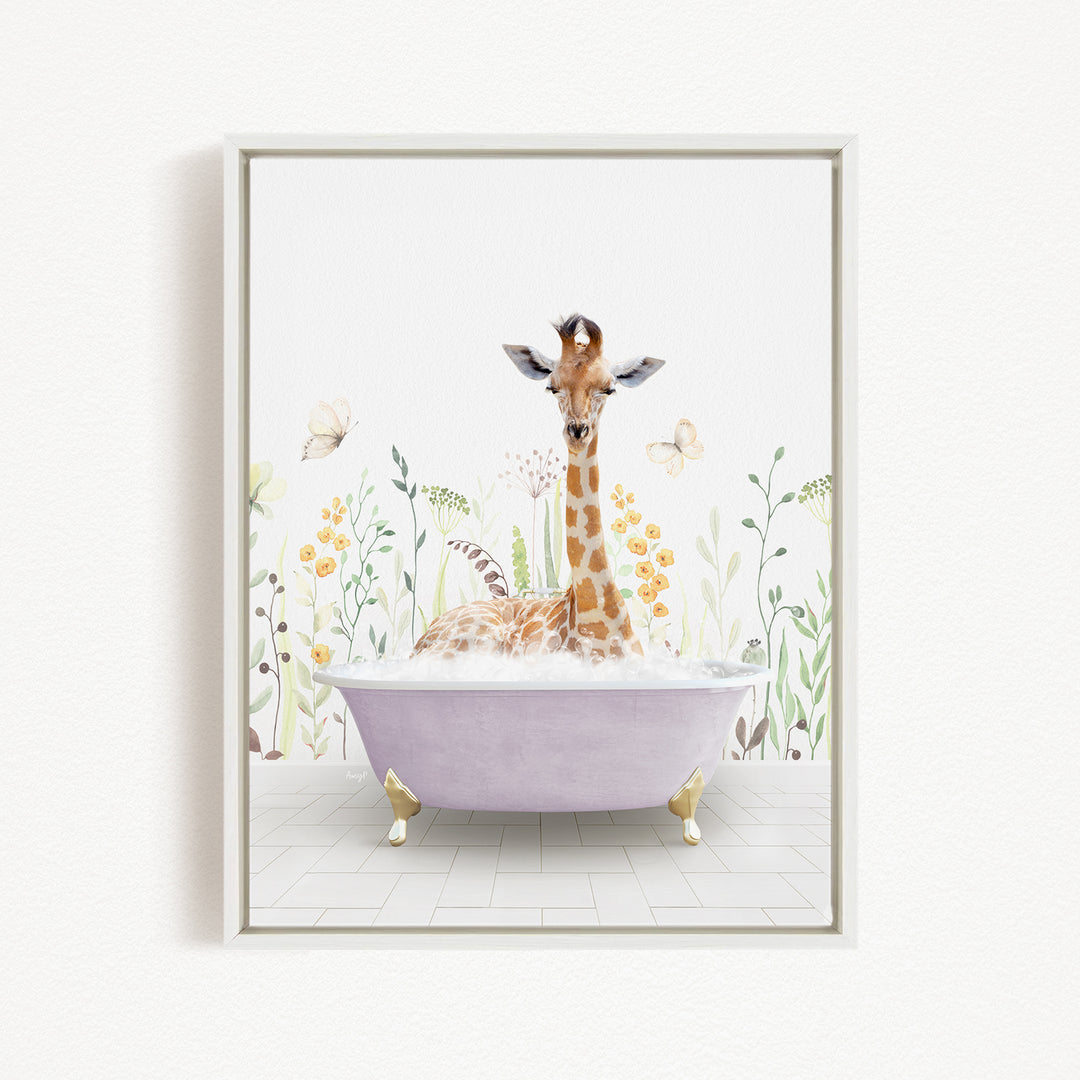 A giraffe is sitting in a purple bathtub filled with bubbles, surrounded by flowers and butterflies in a whimsical, nature-inspired scene.