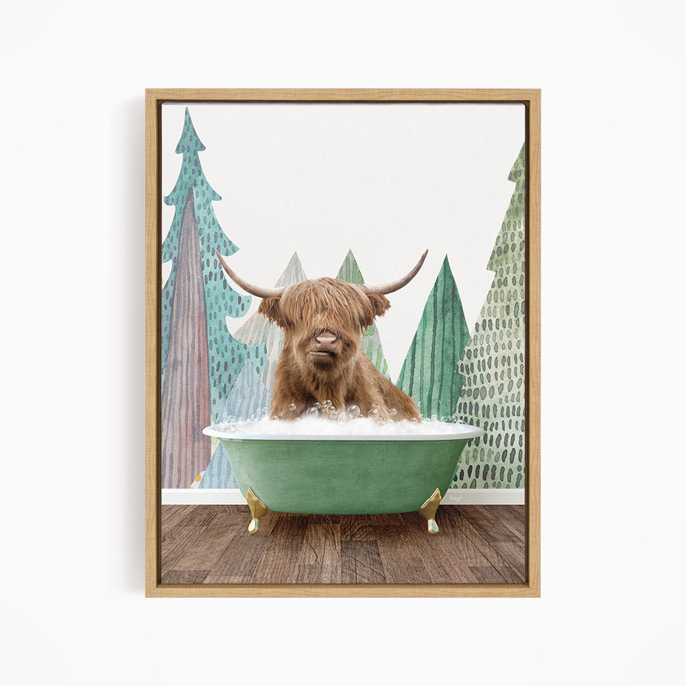A brown cow with long horns is sitting in a green bathtub, surrounded by a forest scene with trees and a pine tree.