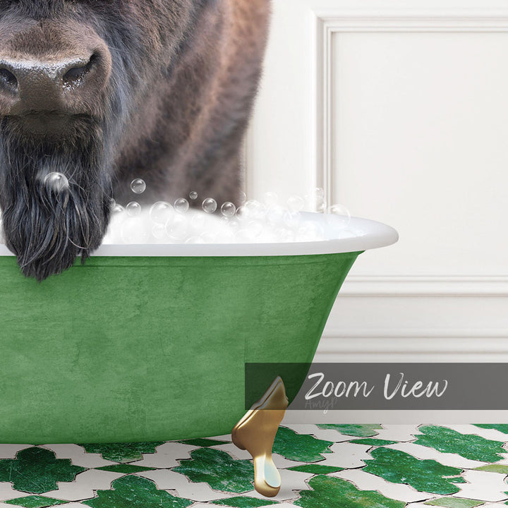 A close-up of a dog's face peeking over the rim of a green bathtub filled with bubbles, with a gold faucet and a patterned green and white floor visible in the background.