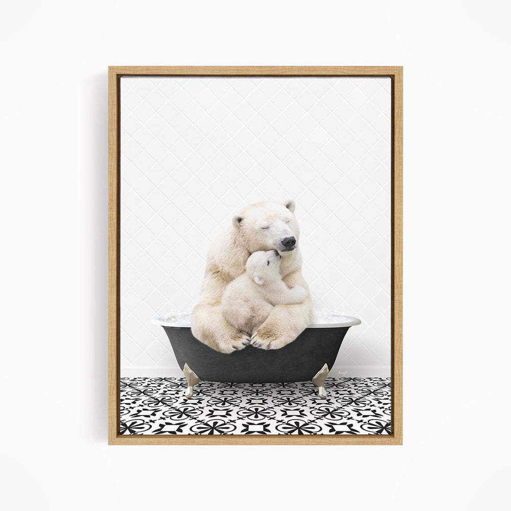 A polar bear and its cub sitting together in a bathtub, with the bear appearing to be hugging the cub.