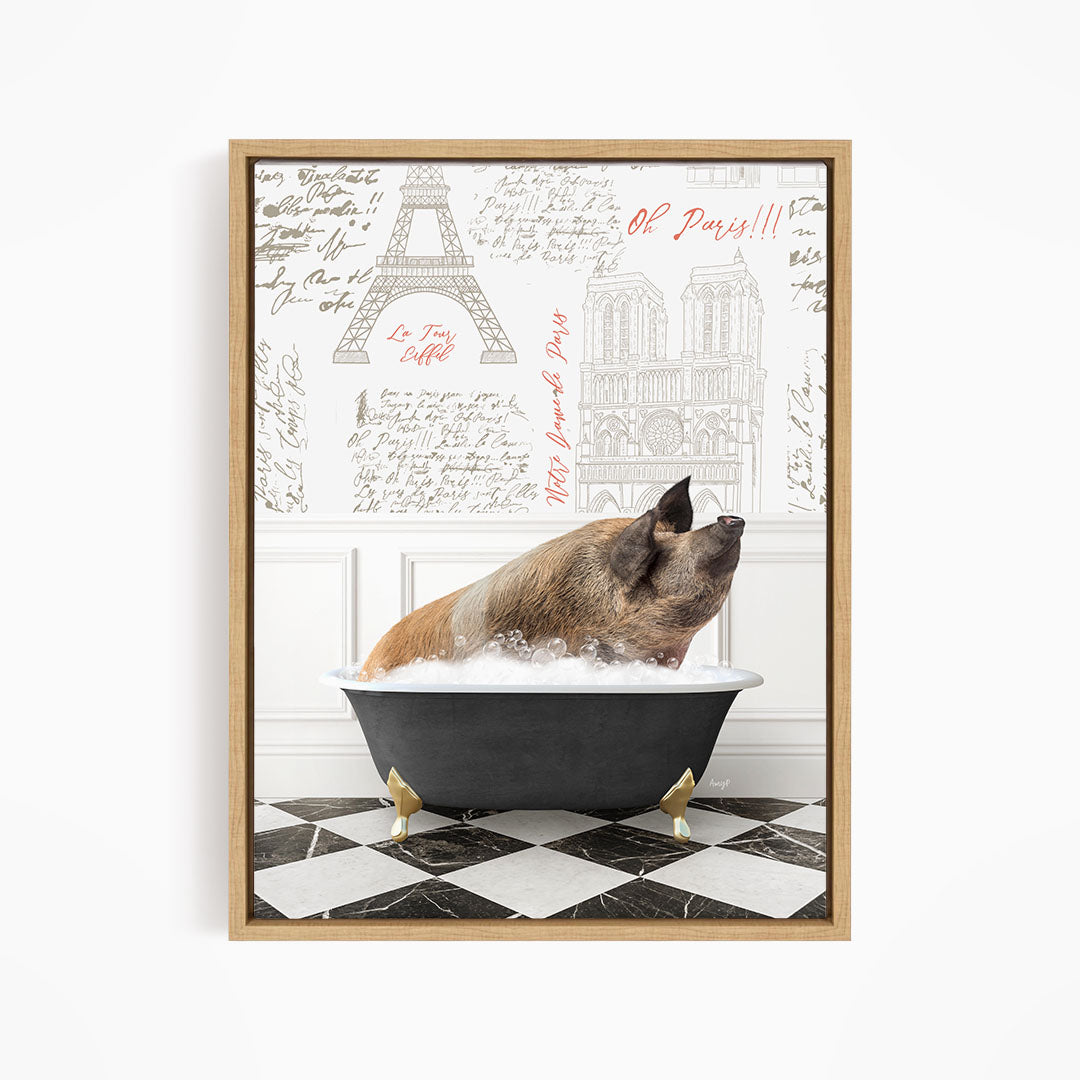 A pig sitting in a bathtub filled with water, surrounded by various texts and images related to Paris.