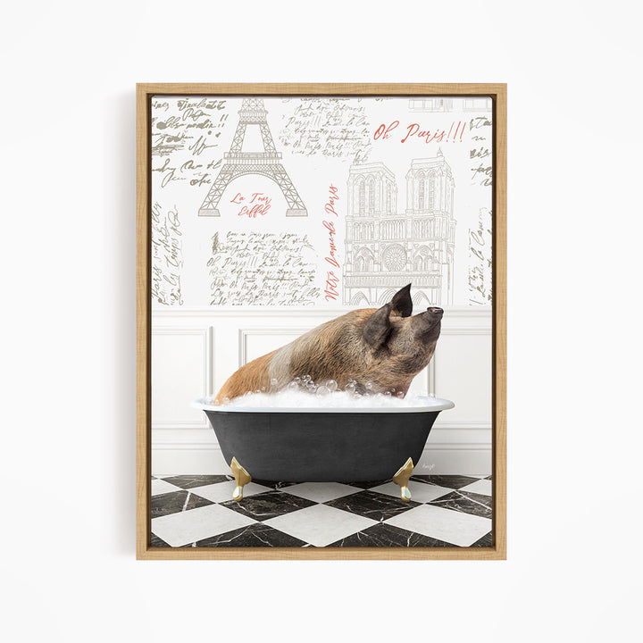 A pig sitting in a bathtub filled with water, surrounded by various texts and images related to Paris.