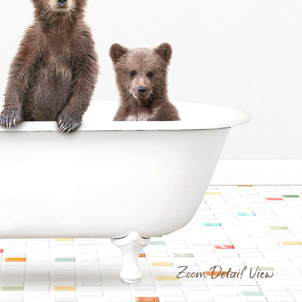 Two brown bears sitting in a white bathtub, one on the left and one on the right, with a colorful tiled floor in the background.