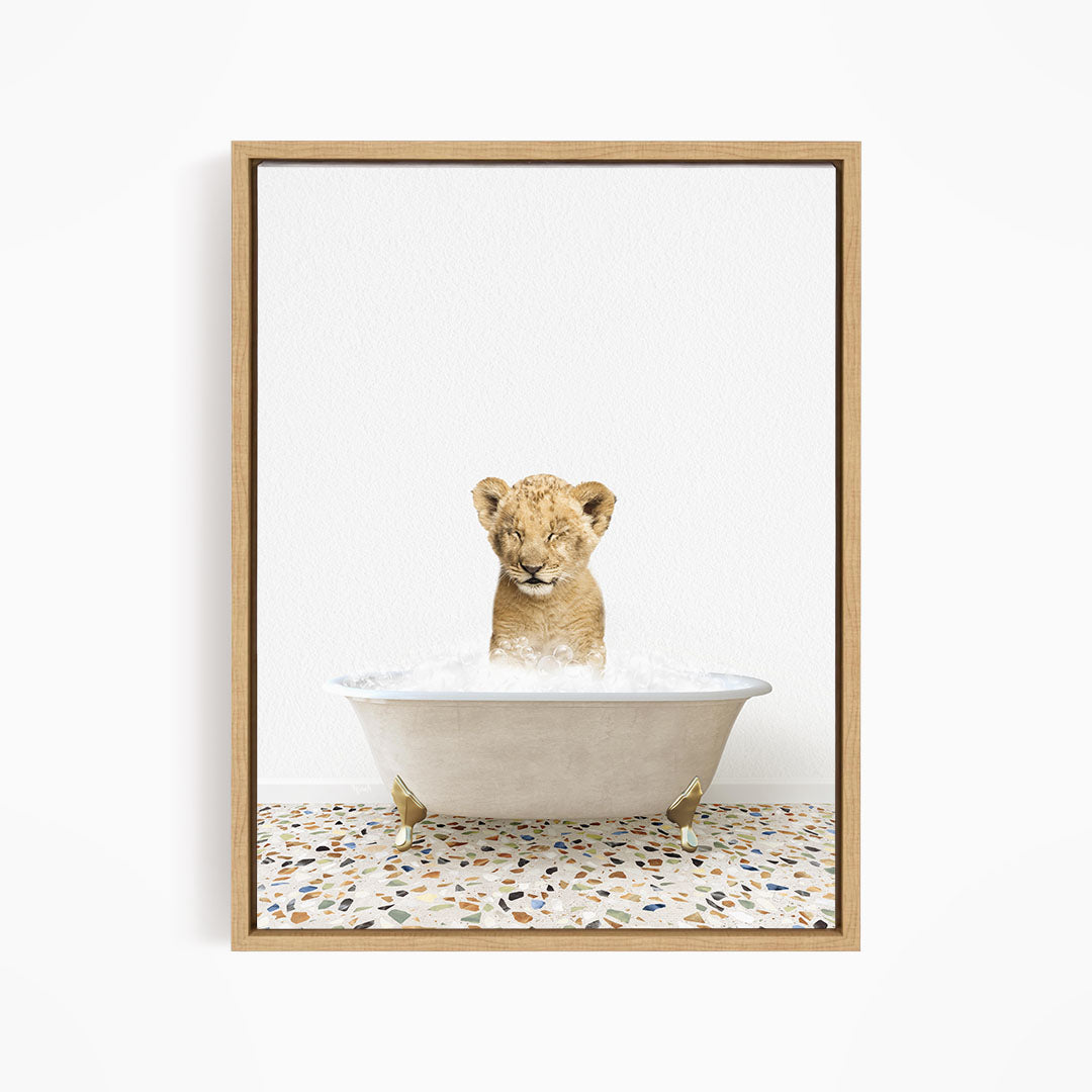 A young lion cub sitting in a white bathtub filled with water, looking directly at the camera.